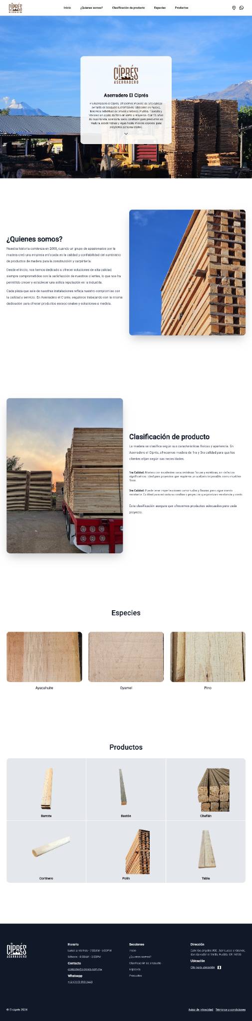 Preview of El Ciprés website showing the main page with wood products and company information